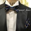Two-tone Striped Navy X Gold [bow Tie & Pocket Square] 2-piece Set for Men. One-touch Fitting, Formal Style, Perfect for Weddings and After-parties.
