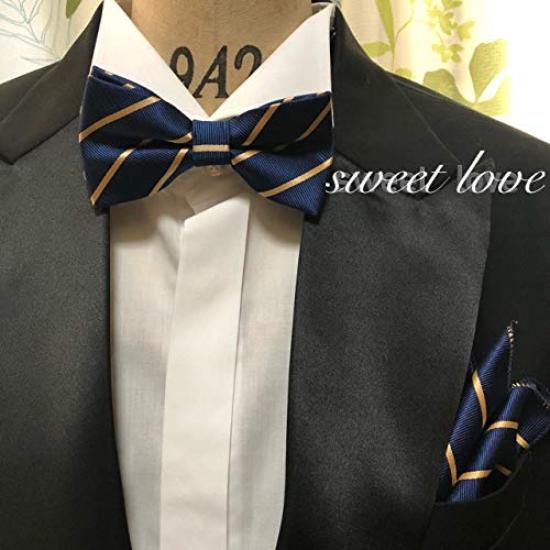 Two-tone Striped Navy X Gold [bow Tie & Pocket Square] 2-piece Set for Men. One-touch Fitting, Formal Style, Perfect for Weddings and After-parties.