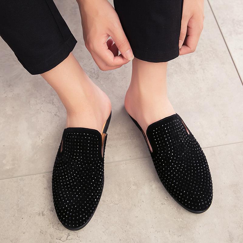 Luxury Glitter Rhinestone Leather Shoes Men Designer Outerwear Half Mules Casual Slides Slippers Sandals Male Fashion Mocassins