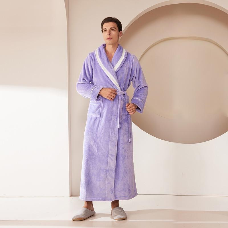 Shawl Collar Robes for Men Full Length Fleece Plush Bathrobes Soft Spa House Coat with Pockets Fluffy Spa Robes Unisex Winter Cozy Warm Spa Long Robe