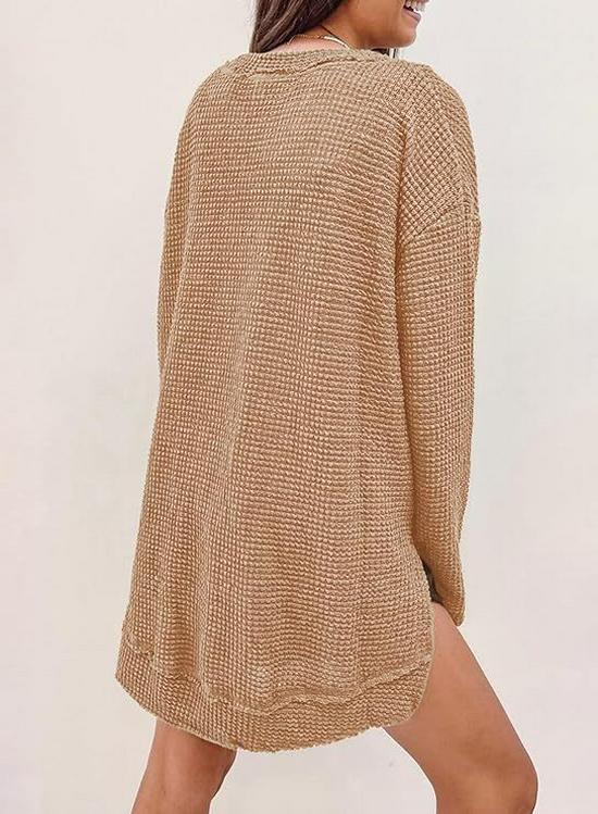 2025 European & American Waffle Knit Round Neck Long Sleeve Slit Solid Color Top for Women