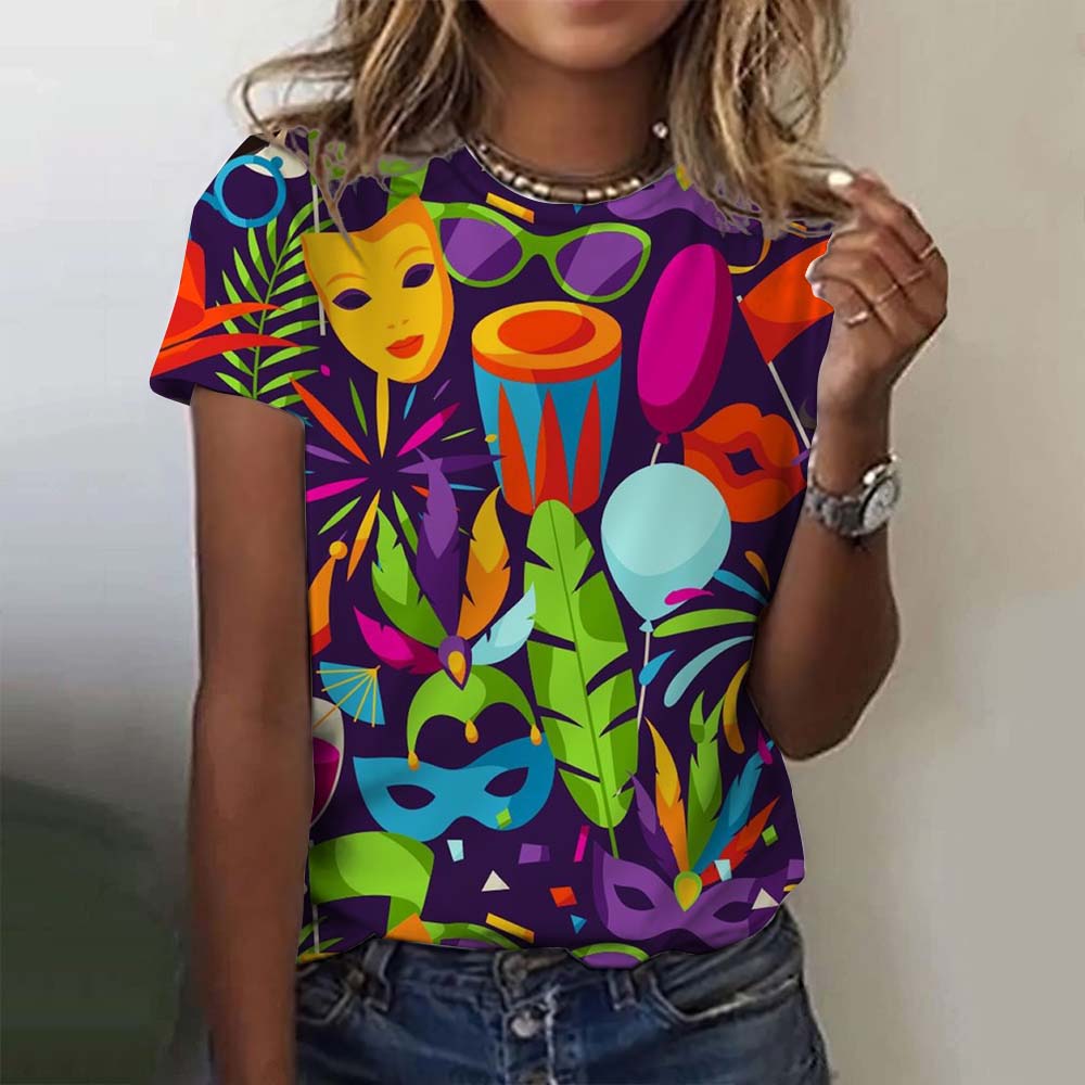 Dámská grafická trička s motivem slavnostní masky Mardi Gras, ležérní letní novinka na dovolenou s klopou a krátkým rukávem, karnevalové oblečení