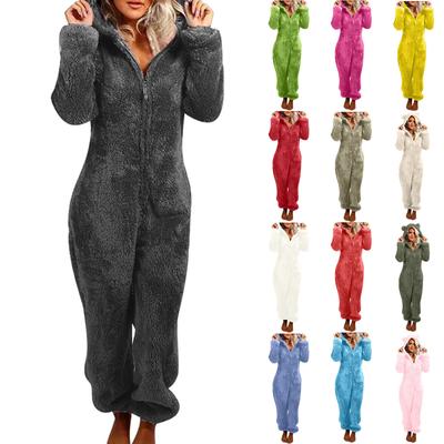 Women's Fashion Solid Colour Home Plush Warm Hooded Casual Pajamas Soft And Comfortable Jumpsuit