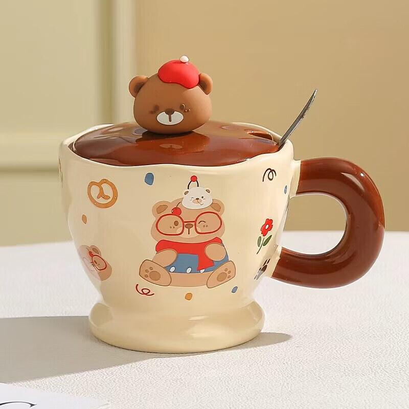 Cute Bear Ceramic Mug with Lid and Spoon