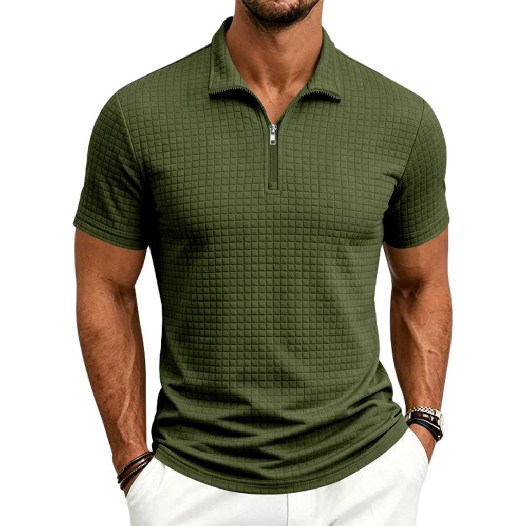 Men's Plaid Half-Zip Short Sleeve Shirt with Fabric for Summer Business Casual Wear