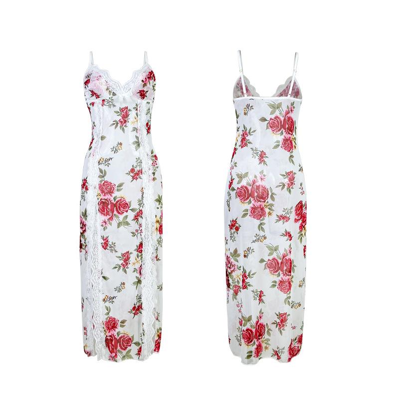 Netz-Blumenmuster Spitze Nachthemd Transparent Lang Hoher Schlitz Damen Loungewear 769 Romantische Feminine Nachtwäsche mit Schönen Blumenmustern