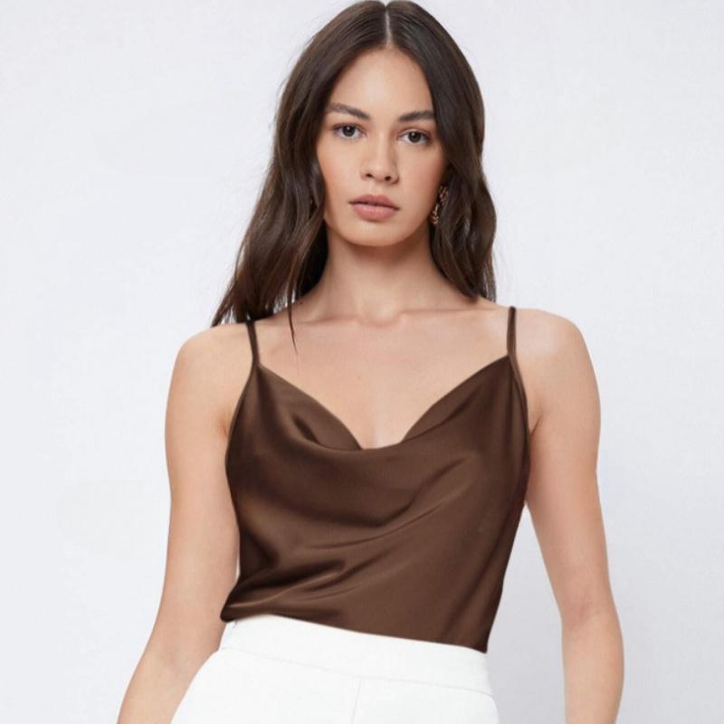 Summer Sleeveless Satin Base Casual Tank Tops Women Pile Collar Sexy Loose Tanks Women's Camis Elegant Slim Fit Simple Female Straps Tank Vest 26559