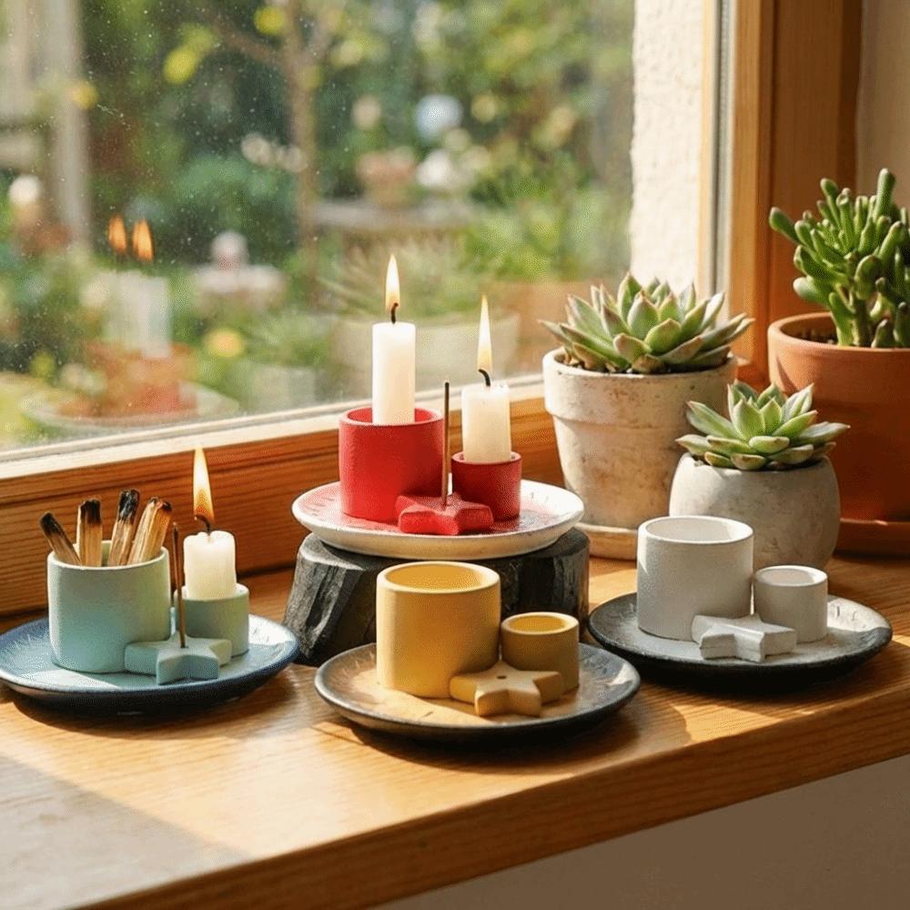 4-in-1 Ceramic Incense Burner Decorative Minimalist Star Candle Holder Candlestick Vintage Desktop Candelabrum Office Space