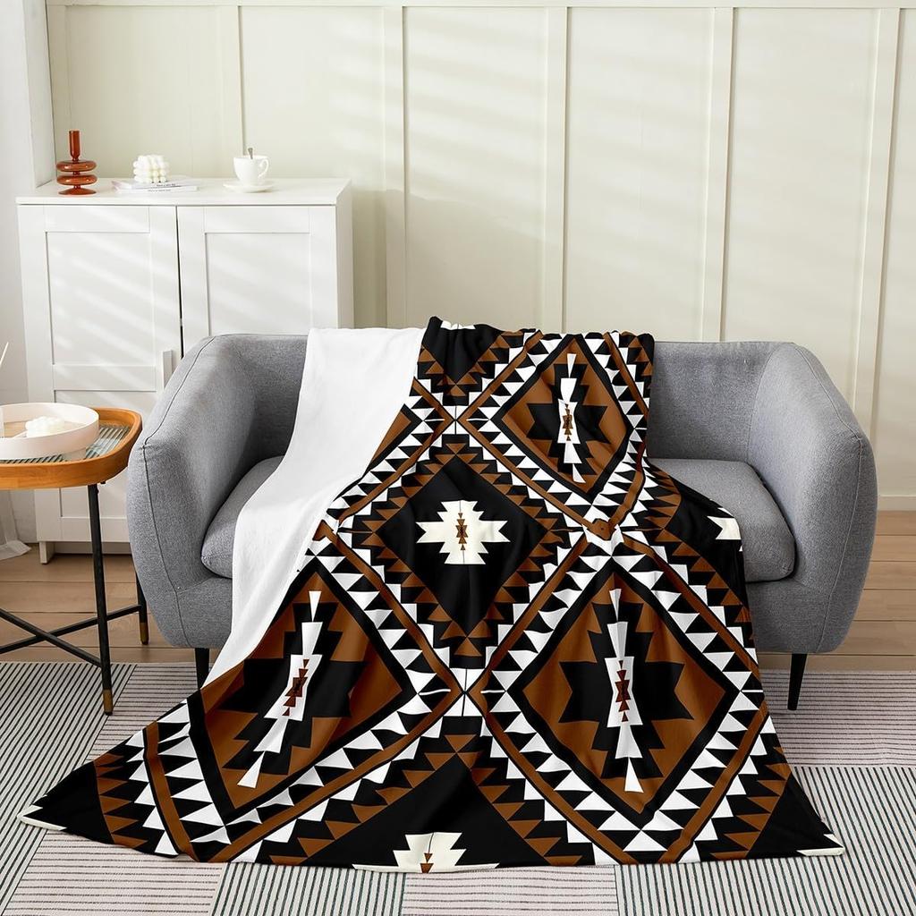 Aztec Pattern Blanket Tribal Design Fleece Throw Boho Home Decor Cozy Sofa Cover Geometric Print Bedding
