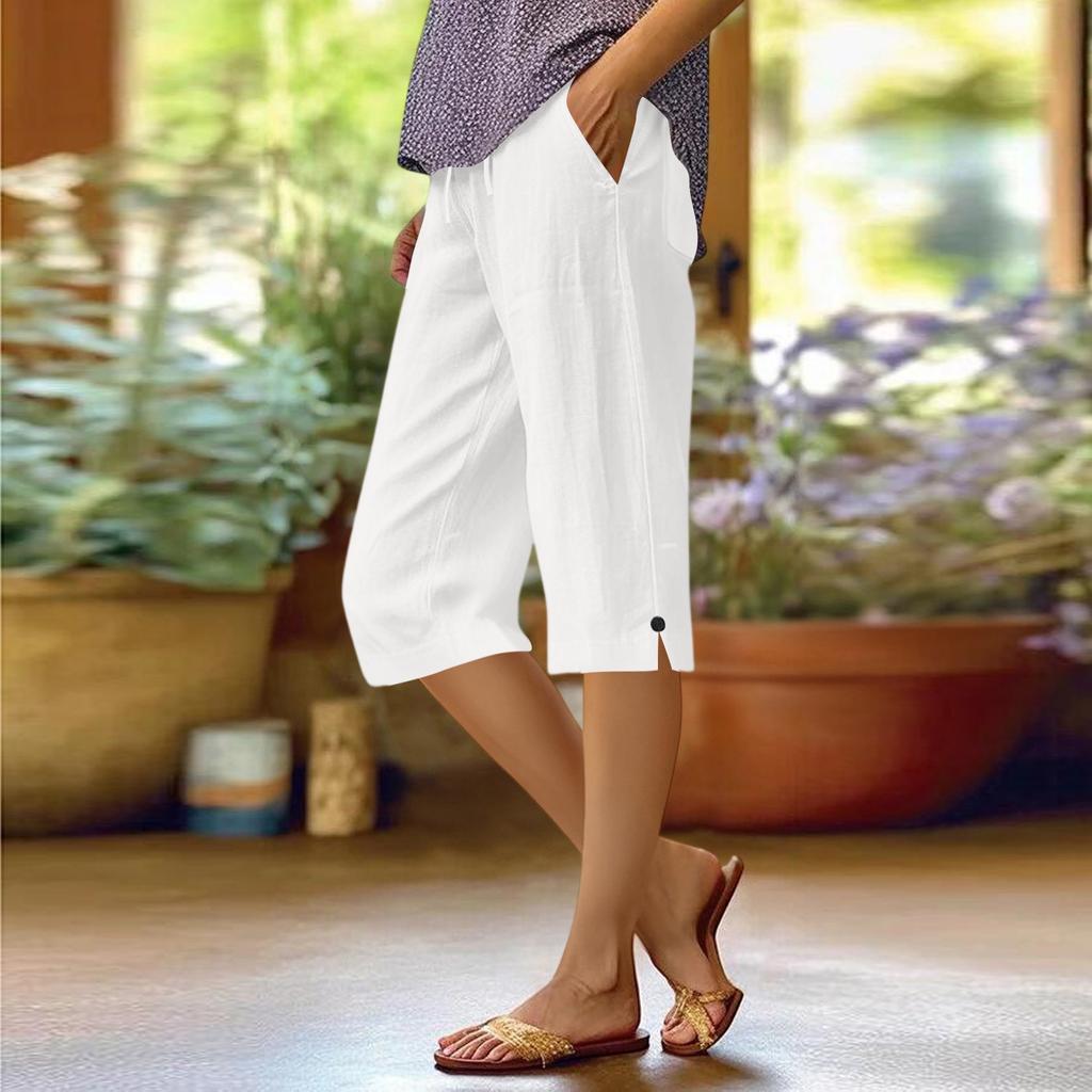 Pants For Women Casual Summer Solid Color Elastic High Waist Cotton And Linen Loose Pants Drawstring Pocket Mid Leg Pants
