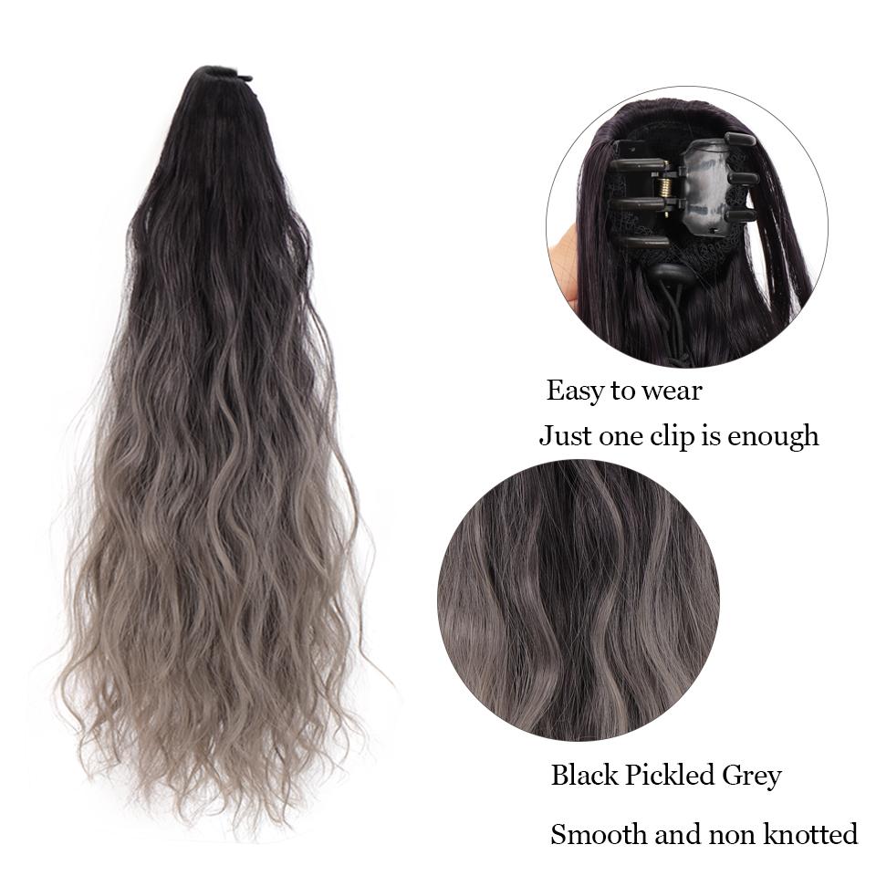 Extension de Cheveux Synthétiques Longs Lisses à Pince Queue de Cheval 22 Pouces Noir Mèches Bleues Grises Postiche Queue de Cheval Perruque Pour Femmes