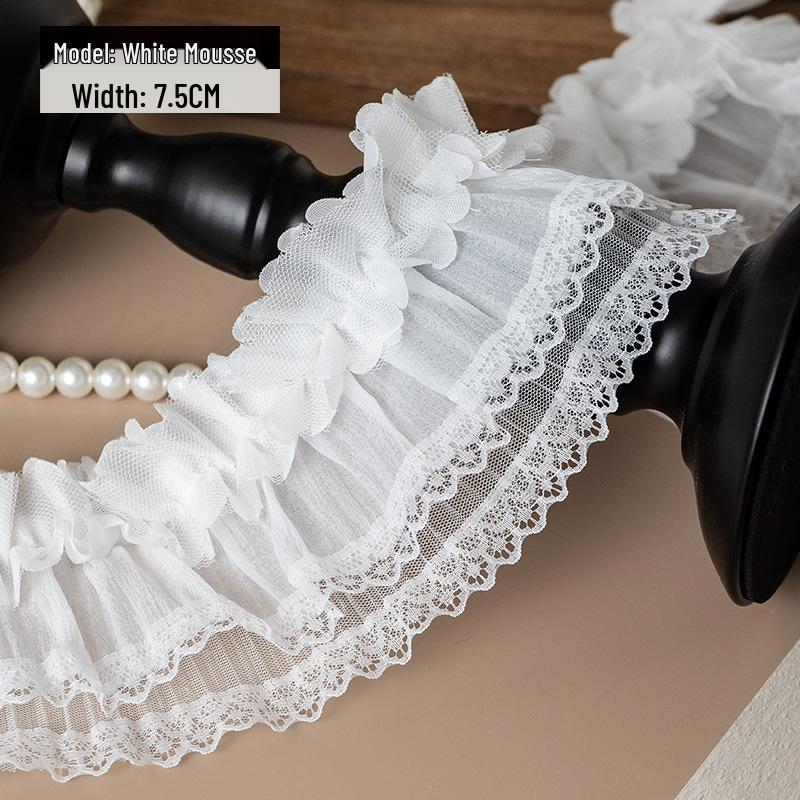 7.5cm Black & White Double-Layer Pleated Chiffon Lace Trim for Neckline, Cuff, and Hem Decoration.