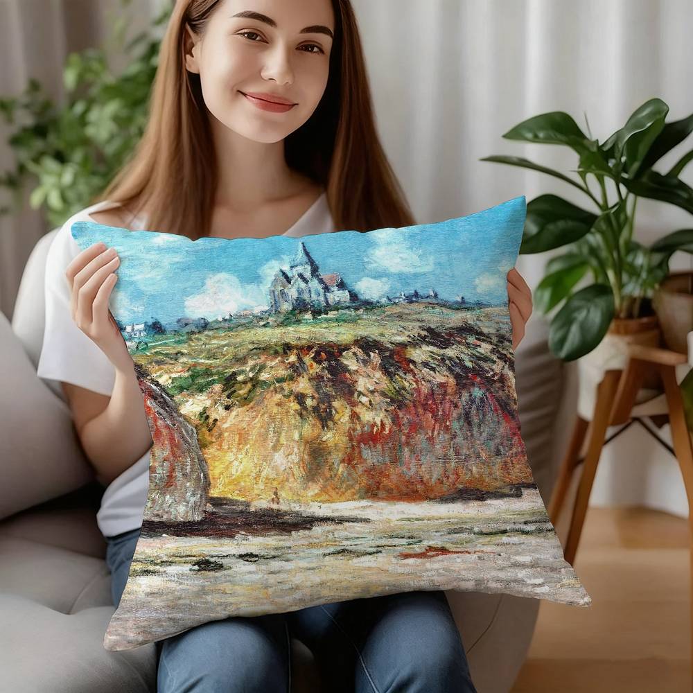 C-Claude MonetS Art Pillow Case Sofa Decorative Home Double-sided Printing Short Plush Cushion Pillow Cover Holiday Gift