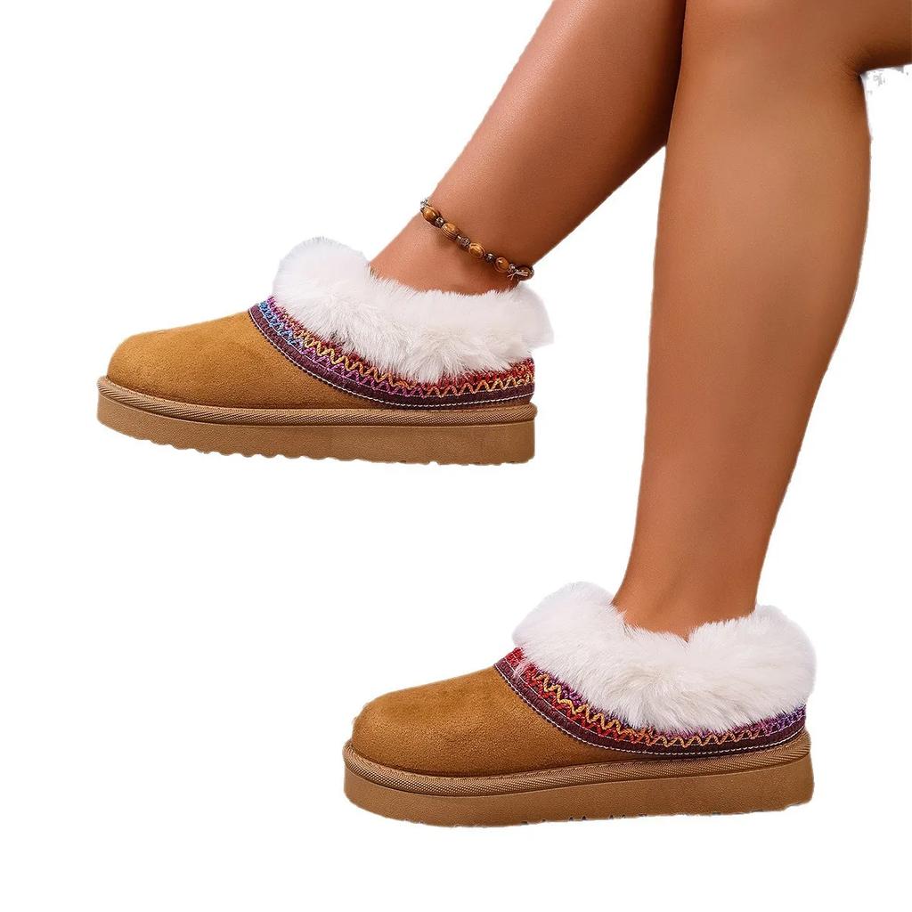 Fashion Comfortable Large Size Winter Snow Boots Women's Slip-On Cotton Shoes Thick Bottom Ethnic Style Toe Covering Rubber Surface