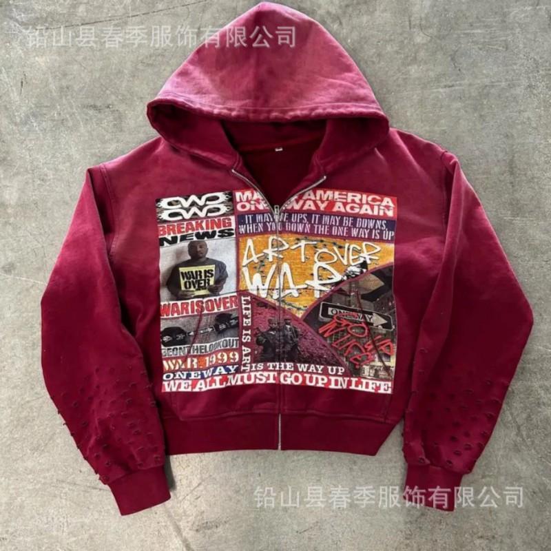 2026 Retro Print Zip-Up Hoodie Unisex Streetwear Oversized Casual Sweatshirt Teens Adults