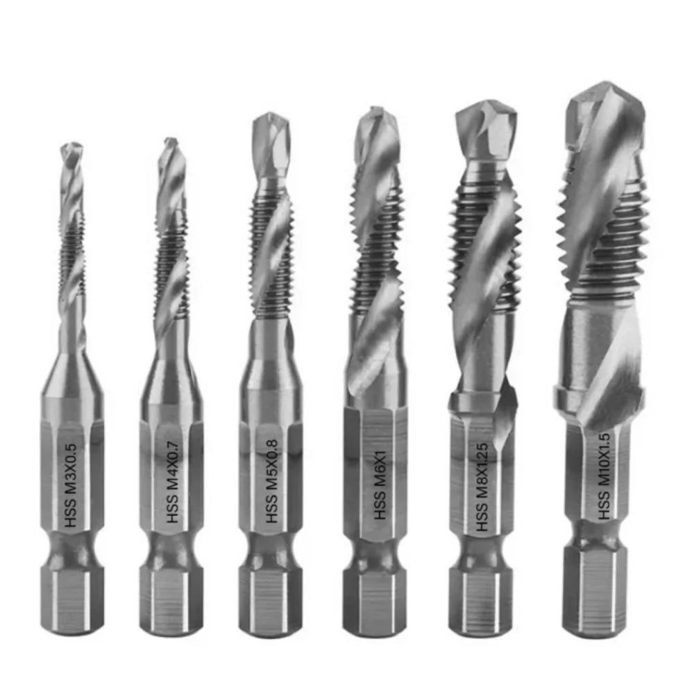 6Pcs/Box Hex Shank Hss Screw Thread Metric Tap Drill Bits Screw Machine  Compound Tap M3 M4 M5 M6 M8 M10 For Carpenter Tools