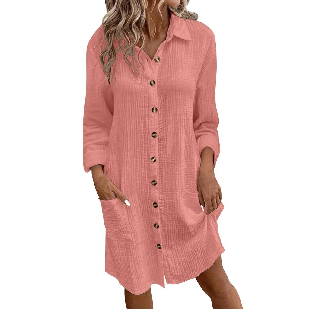 Women S Solid Cotton Linen Long Sleeve Mid Length Shirt Dress Casual