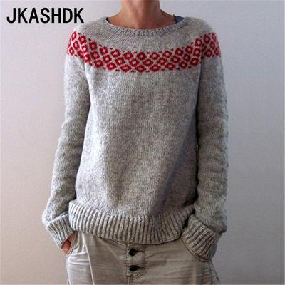 JKASHDK Maglioni larghi con scollo a maniche lunghe autunno inverno con stampa a blocchi di colore casual alla moda da donna