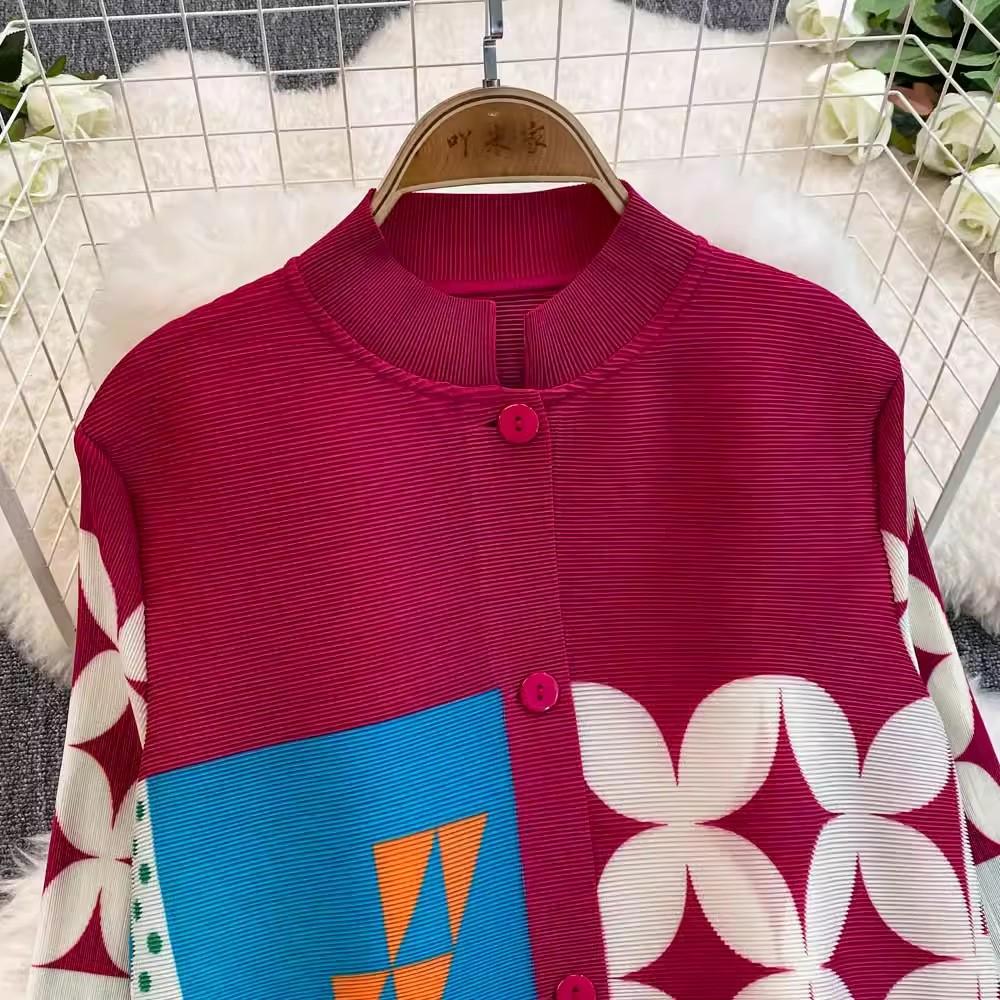 Autumn Spring Fashion Print Colorblock Oversized Loose Shirt Dresses Women's Single Breasted Draped Pleated Party Miyake Clothing