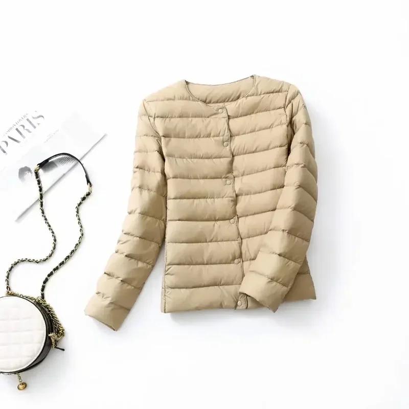 Mulheres Forro Duck Down Jacket O-neck Variável V-neck Feminino Outono Primavera Outono Sem Gola Leve Acolchoado Puffer Coat