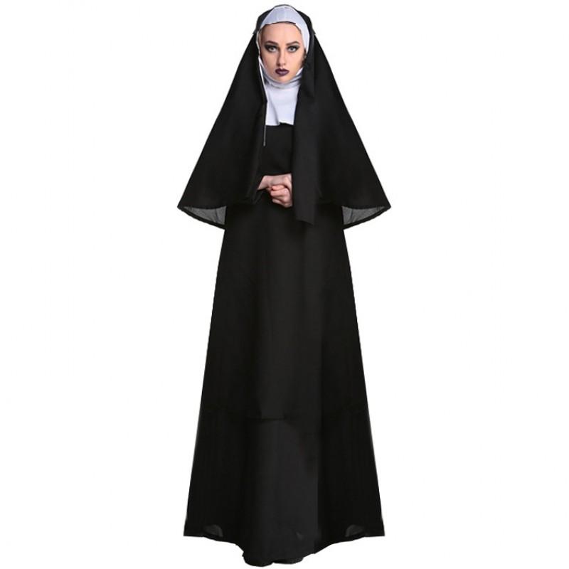 Halloween Nun Costume Adult Women Cosplay Party Stage Dress Black Milk Fabric