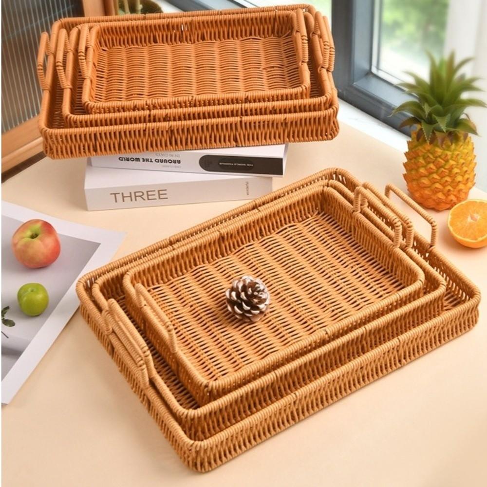 Handwoven Woven Serving Basket Woven Handheld Imitation Rattan Fruit Plate  Kitchen Storage