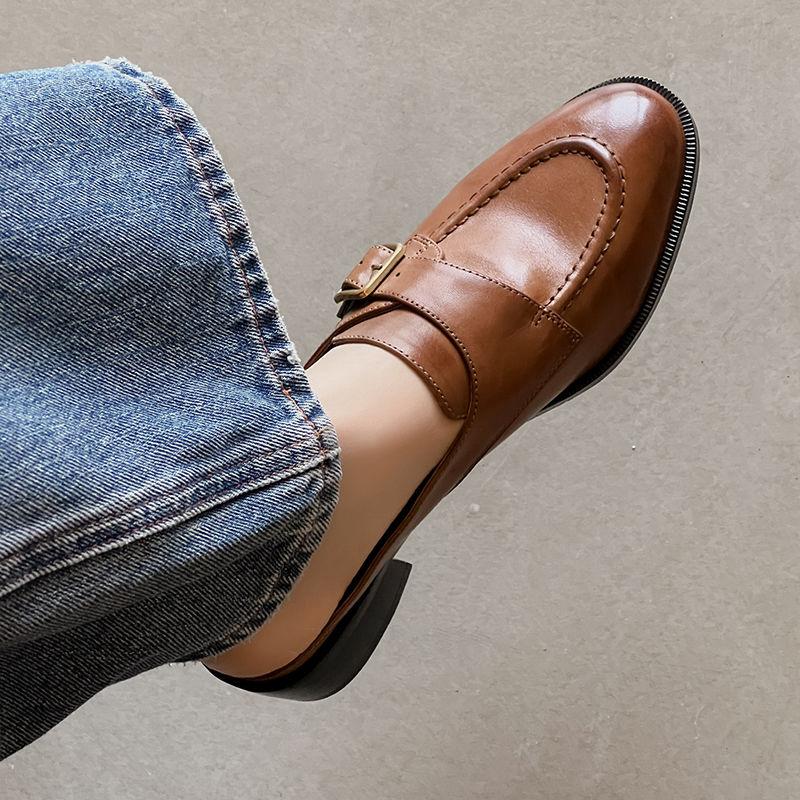 Fashion 2025 Women's New Spring/Summer Retro Round Toe Genuine Leather Sheepskin Headband Comfortable Mid Heel Large Muller Slippers