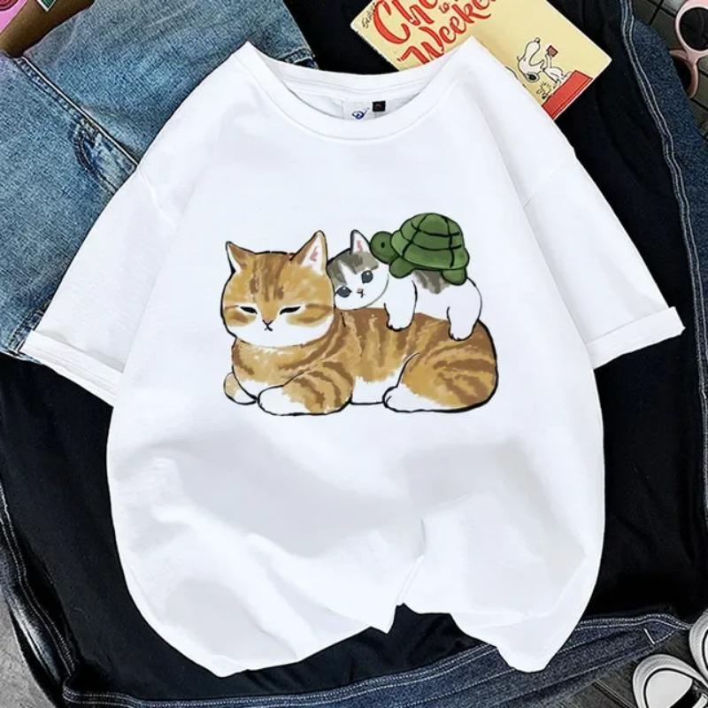 Kawaii Cat Women Print Funny T-shirt Girl Animal Y2K Fashion 90S Print Tops Tee Gril Black White Clothes Drop Ship T-Shirts Women’s