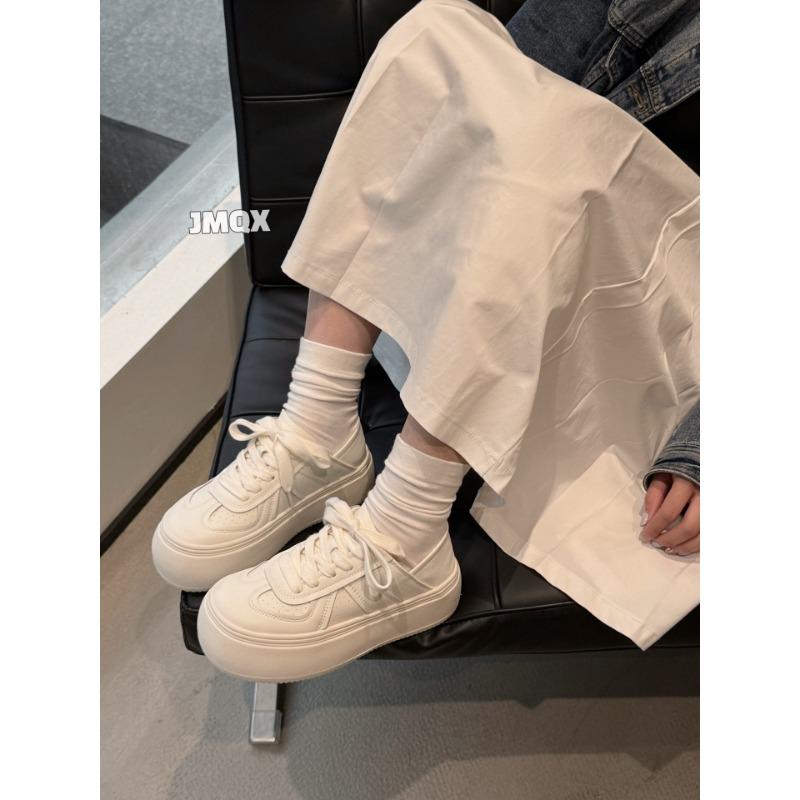 

Leather platform white shoes women s new round head lace-up sports and leisure board shoes one shoe two wear yellow trendy 35 бежевый