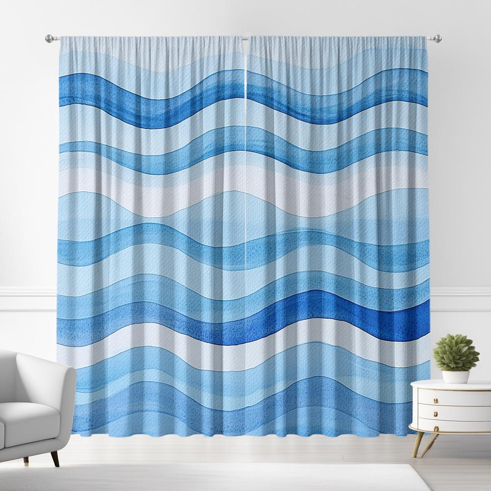 Blaue Aquarellwellen-Vorhänge Set of 2 – Weiche Farbverlaufstreifen, Minimalistisches Design, Stangentasche Lichtfilternde Vorhänge