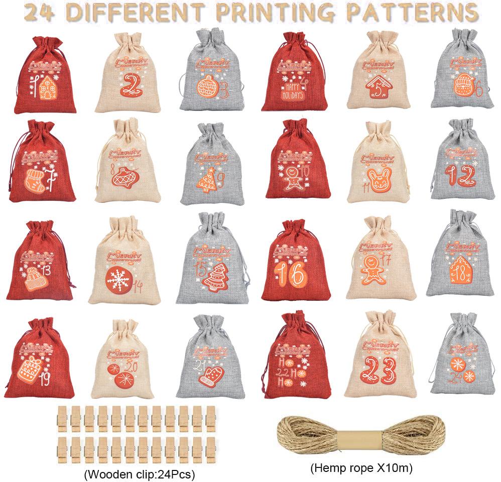 24pcs Countdown Drawstring Bag Linen Drawstring Bag Christmas Arrival Calendar Christmas Gift Bag 24-digit Cloth Bag