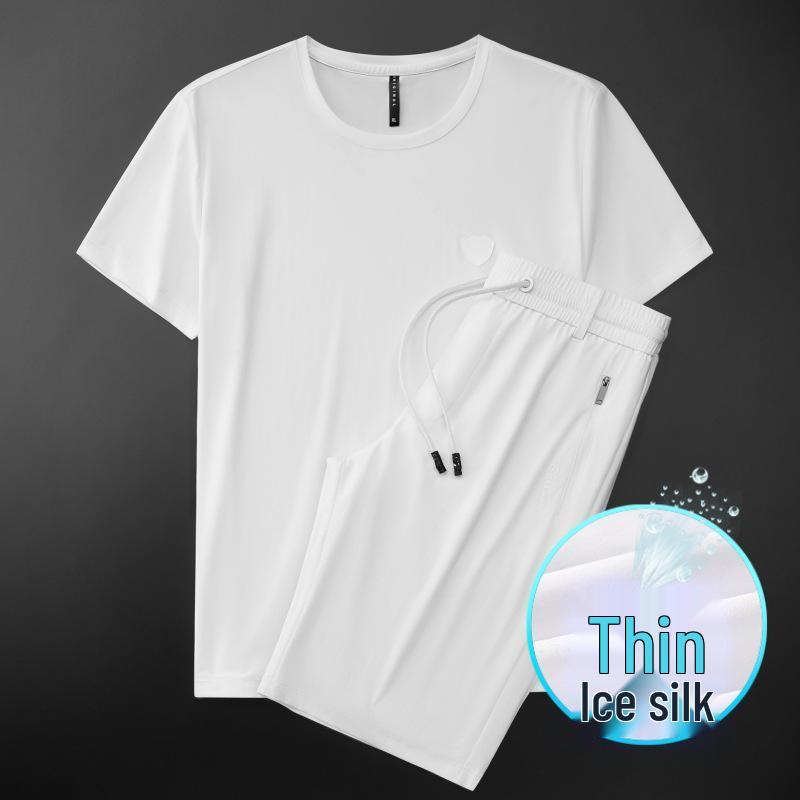Men's Summer Set: White Short-Sleeve Sports Tee and Ice Silk Workwear Shorts, Casual & Loose Style 835
