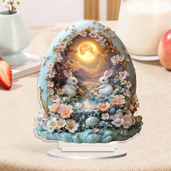 Easter Bunny Table Sign 2D Flat Acrylic Bunny Egg Desktop Ornament Spring Tabletop Centerpiece for Home Corner Fireplace Decor
