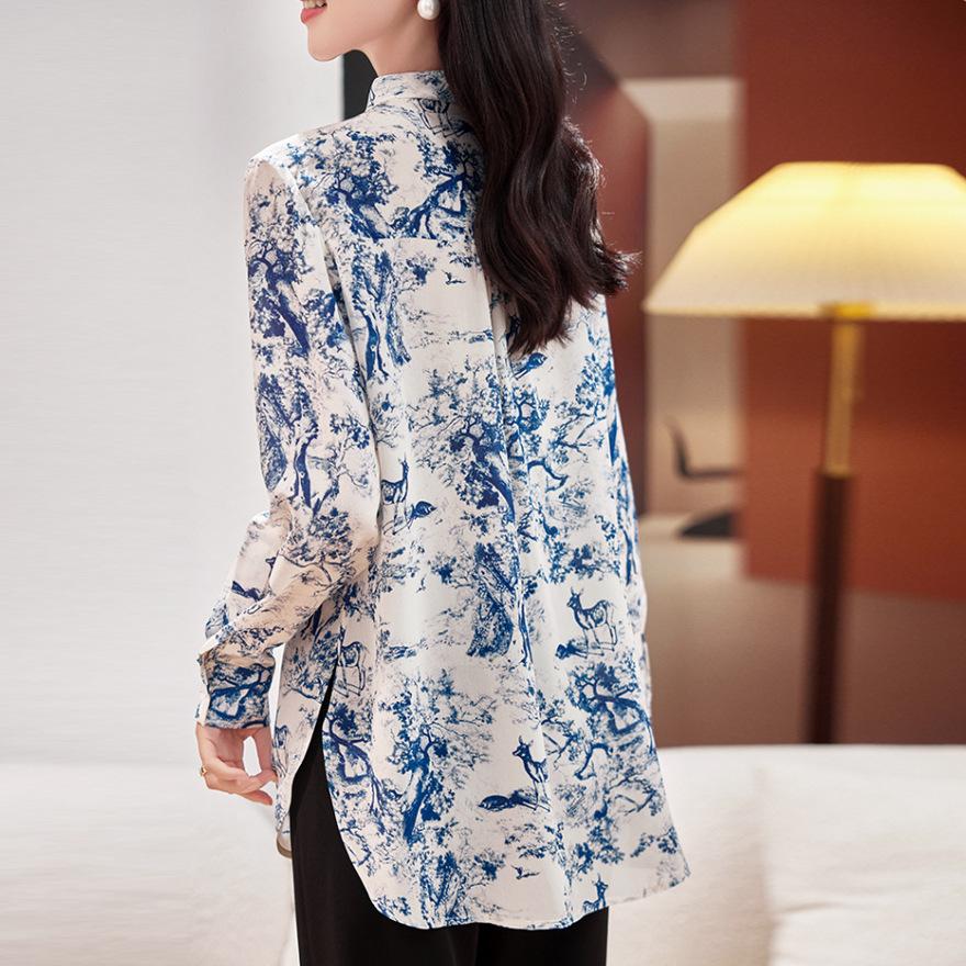 Printed double crepe silk shirt women's long sleeves new temperament trendy mulberry silk retro button-up top