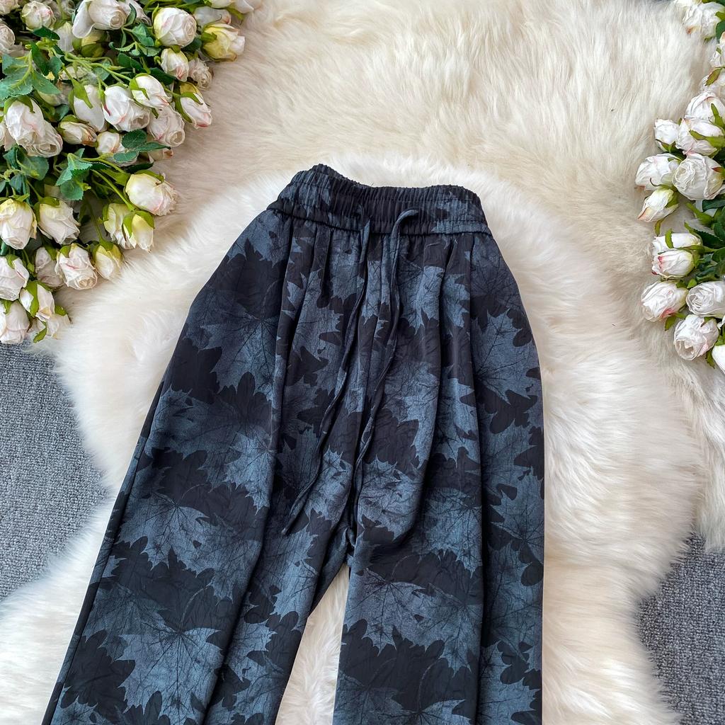 High Quality Ink-wash Acetate Satin Tie-Dye Rayon Wide-Leg Pants for Women Summer High-Waisted Slimming Loose-Fit Trousers