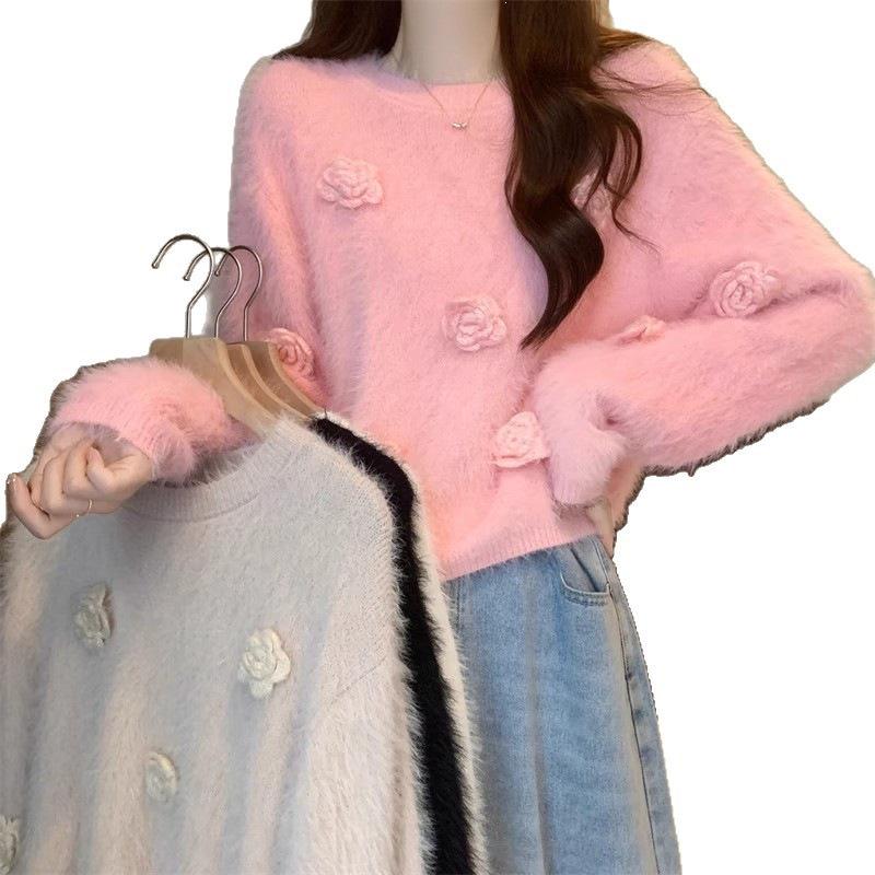Rose Knit 3D Fluffy Soft Sweater for Women - Autumn/Winter Fashion.