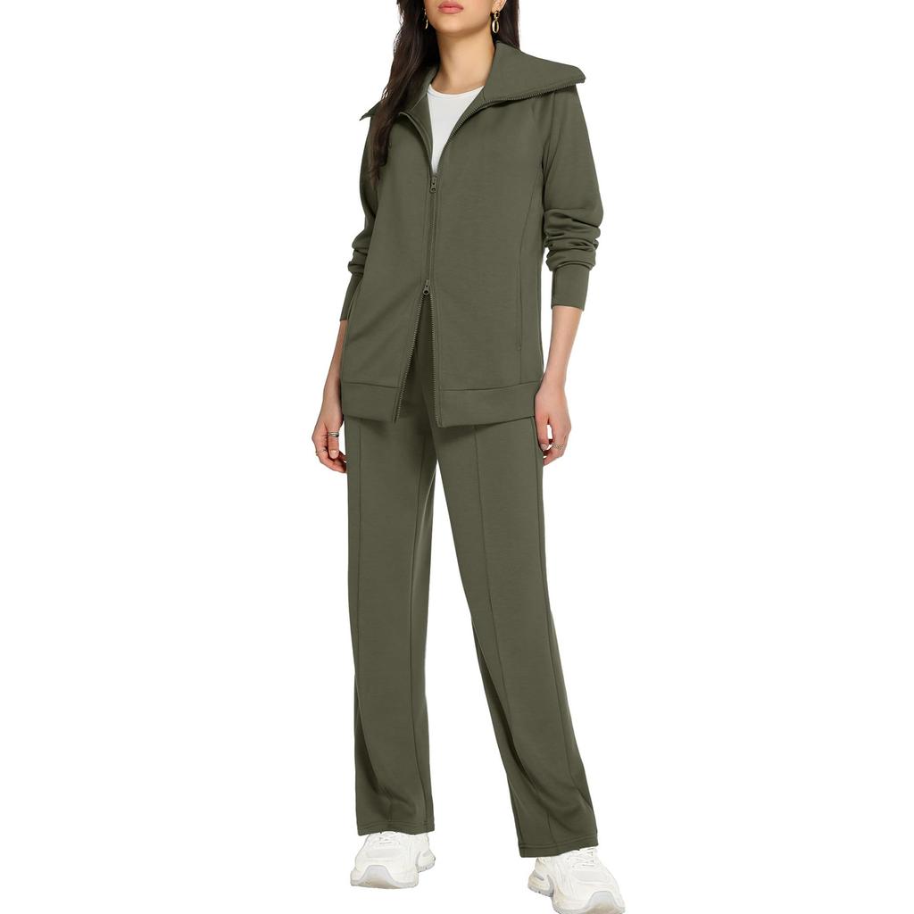 Women's Fashion V-neck Solid Color Long Sleeved Double Zipper Lapel Jacket Wide Leg Pants Sweatshirt Long Pants Set