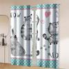 2Pc Cute Cat Curtains With Meow Print, Teal Polka Dot Borders,Whimsical Drapes For Kids Room,Nursery,Living Room & Bedroom Decor