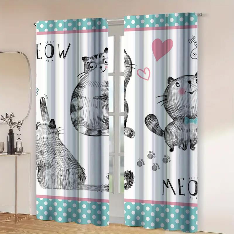 2Pc Cute Cat Curtains With Meow Print, Teal Polka Dot Borders,Whimsical Drapes For Kids Room,Nursery,Living Room & Bedroom Decor