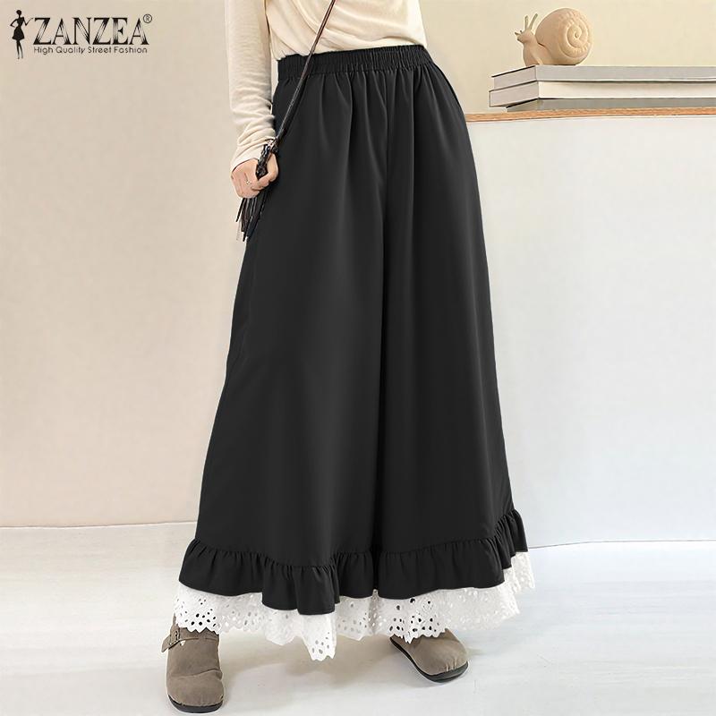 ZANZEA Damen Spitze Einsatz Lässige Elastische Taille Weite Hose