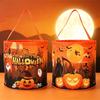 LED Halloween Candy Bag Set of 2, Round Bucket Style with Carry Handle, Polyester Treat Bag Pair for Candy Pickup, Table Accent, and Seasonal Display