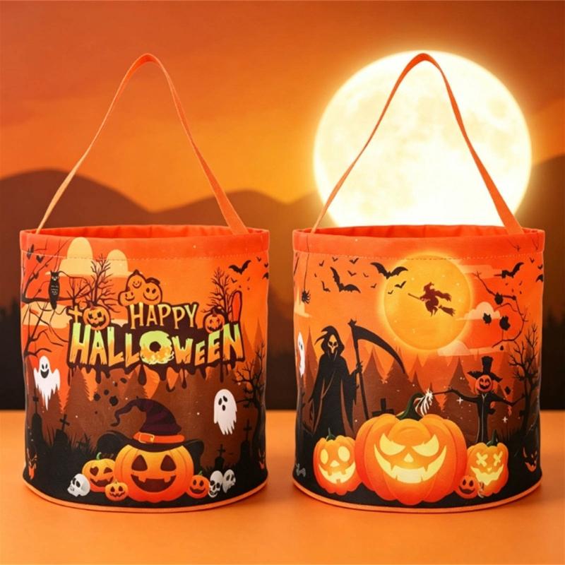 LED Halloween Candy Bag Set of 2, Round Bucket Style with Carry Handle, Polyester Treat Bag Pair for Candy Pickup, Table Accent, and Seasonal Display