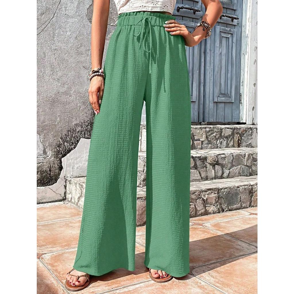 Women's Drawstring Elastic Waist Textured Crinkle Wide Leg Pants Loose Fit Casual Summer Beach Trousers