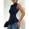 Womens Sleeveless Peplum Shirt With Collar And Button Down Detail Fitted Waist Casual Office Blouse