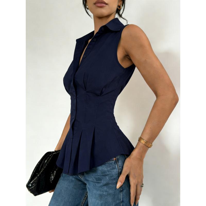 Womens Sleeveless Peplum Shirt With Collar And Button Down Detail Fitted Waist Casual Office Blouse