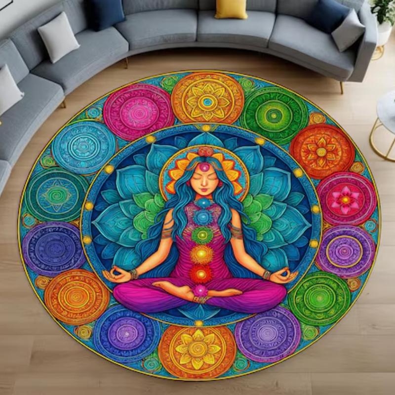 Creative Meditation Yoga Round Rug Anti-Slip Rug for Living Room Sofa Decor Bedroom Rug Exercise The Reading Area Floor Mat