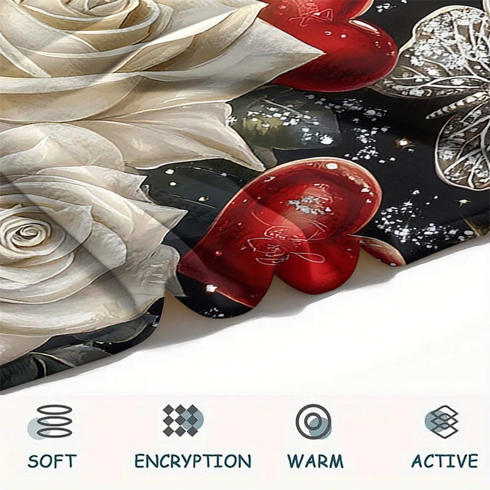 Flanelowy koc z nadrukiem czerwonych i białych róż, Wysoka jakość, Komfortowy na wszystkie pory roku, Wystrój domu, Ciepło i komfort, Idealny na prezenty świąteczne