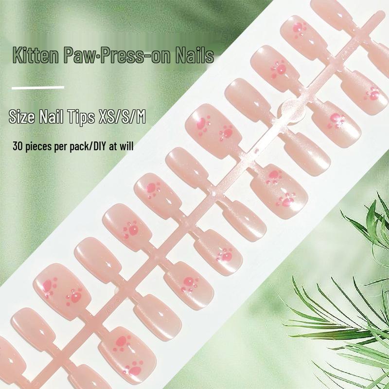 

3D Kitten Paw Press-on Nails - Short Cartoon Nail Art Patches, Solid Colors [30 Pieces]