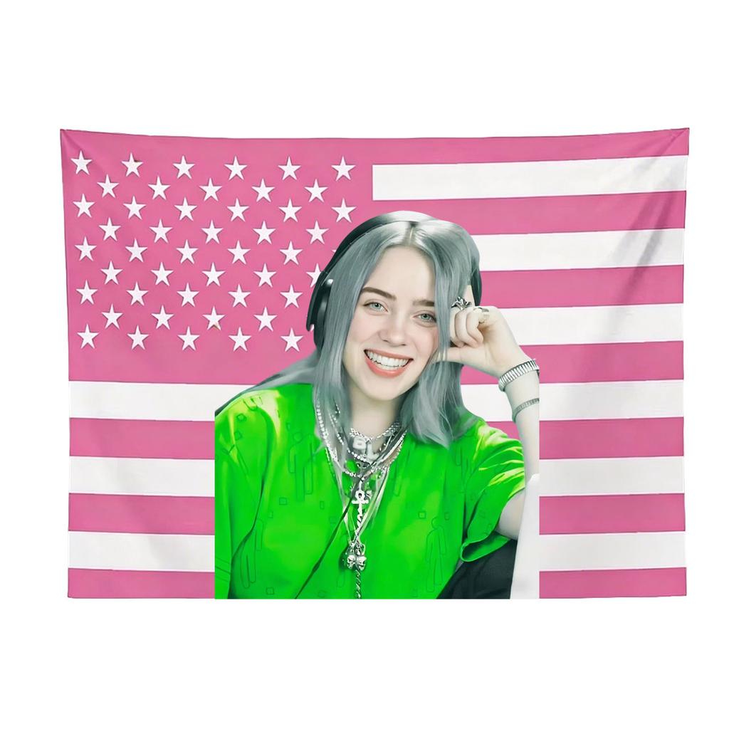 Billie Eilish Pink American Flag Tapestry Pop Music Idol Flat Print Wall Hanging Fan Merch Decor for Bedroom Dorm Ideal Gift