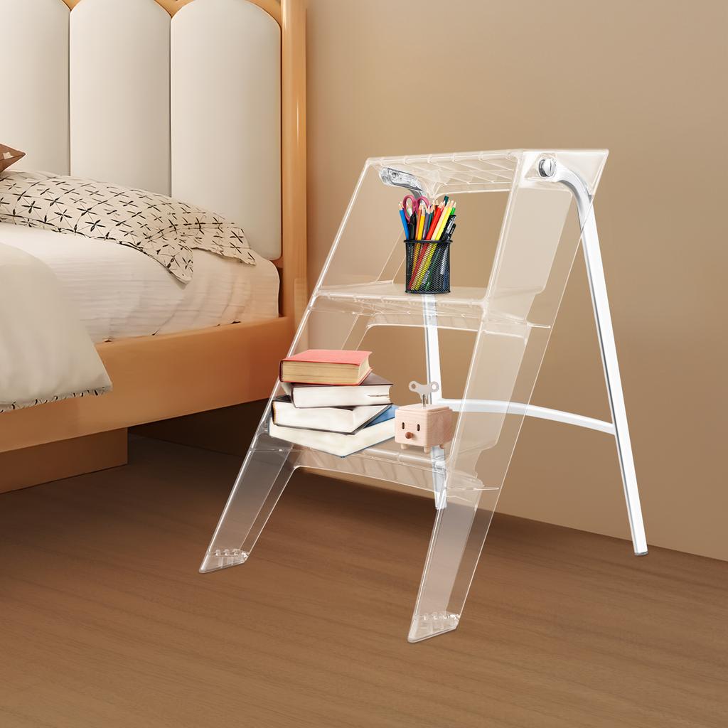 3-Step Folding Herringbone Design Ladder Stool with Storage Shelf, Clear Color, Non-Slip Pedals & High Weight Capacity 220 lbs